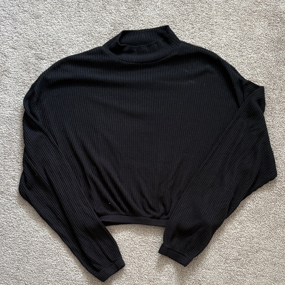 Garage Black Ribbed Mock Neck Long Sleeve Crop Top